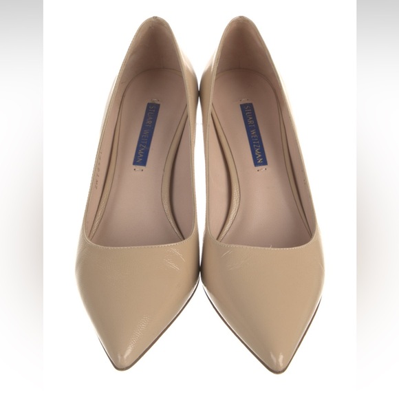Stuart Weitzman leather neutral beige block heel pointed toe pumps - Picture 4 of 9